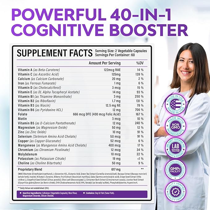 40-in-1 Brain Booster Supplements for Memory, Focus, Clarity, Energy, Performance | Natural Nootropic Brain Support Supplement with DMAE, Bacopa Monnieri & More | For Men & Women | 120 V Capsules