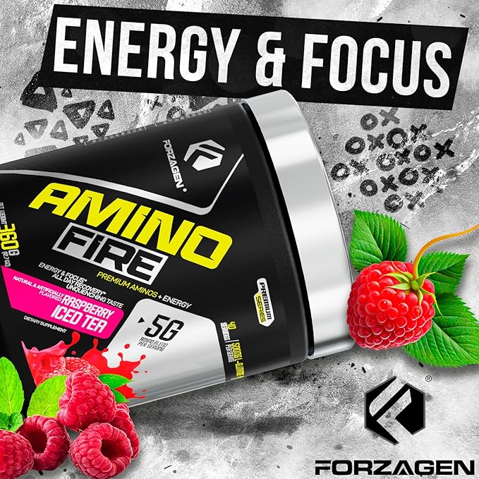 Forzagen Amino Fire | Essential Amino Energy Powder for Pre-Workout | BCAA Energy Boost & Muscle Recovery Drink Mix, Enhance Focus & Concentration, Dietary Supplement | Raspberry Ice Tea, 40 Servings