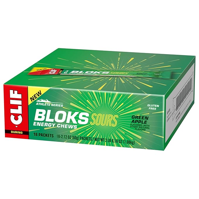 Clif Bloks Sours - Green Apple Flavor - Energy Chews - Non-GMO - Plant Based - Fast Fuel for Cycling and Running - Quick Carbohydrates and Electrolytes - 2.12 oz. (18 Count)