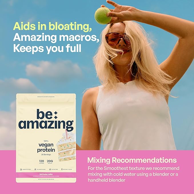 BEAM Be Amazing Vegan Protein Powder | 20g Plant-Based Protein with Prebiotics Fibers | Sugar-and-Gluten-Free Shake Mix, Low Carb, Non-Dairy Funfetti Smoothie | Birthday Cake, 25 Servings