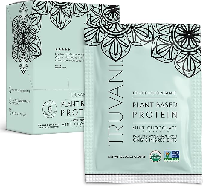Truvani Vegan Pea Protein Powder | Mint Chocolate | 20g Organic Plant Based Protein | 10 Travel Packets | Keto | Gluten & Dairy Free | Low Carb | No Added Sugar