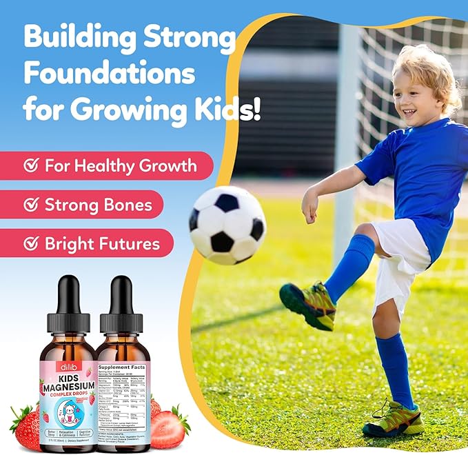 Kids Magnesium Liquid Drops - Liquid Magnesium Glycinate for Kids, Citrate Supplement with L-theanine, Omega-3, Vitamin B12, D3 for Sleep, Calm, Relaxation, Brain, Bones, Strawberry 2 Fl Oz