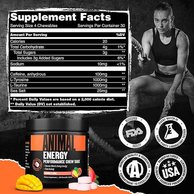 Animal Energy Chews, Fast Acting Energy with Caffeine, Nootropics and Sea Salt for Focus and Pre Workout - Convenient and Delicious Chews Format - Mango