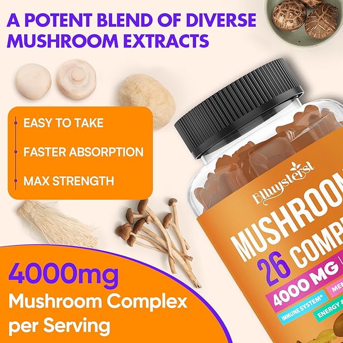 Mushroom Gummies for Adults 4000mg, Brain Supplements for Memory and Focus, 26 in 1 Mushroom Supplement Complex with Ashwagandha & Lion's Mane, Turkey Tail, Reishi, Cordyceps, Organic, 120 Count