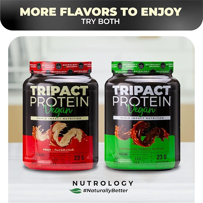 Nutrology TRIPACT Vegan Protein Powder - Vegan Meal Replacement Shakes with Organic Pea, Rice, & Pumpkin, Plant Based Protein Powder, BCAAs & Glutamine, Non-GMO, Peanut Butter & Vanilla, 20 Servings