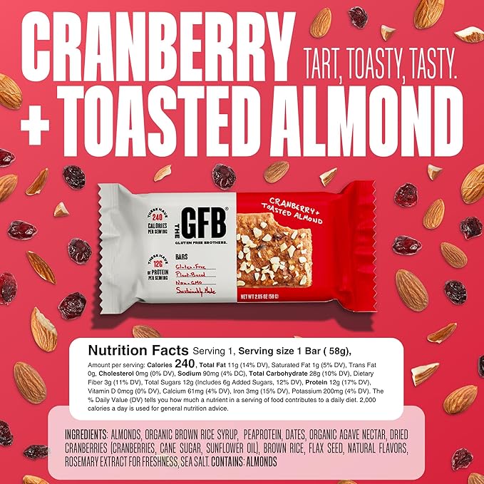 The GFB Cranberry Toasted Almond Protein Bars - Gluten Free, Plant Based, Non GMO, Sustainably Made – Ridiculously Tasty, Healthy, Vegan, Nutrition Snack Protein Bars, 2.05 oz (12 Count)