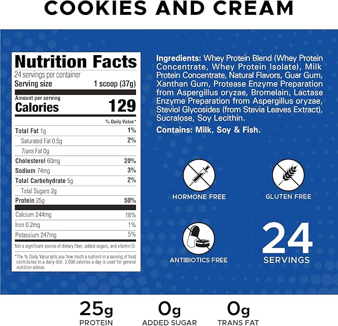 High Whey, Protein Powder 2LB, Whey Isolate, Gluten Free, Lean Muscle Mass for Men & Women, 25g of Protein Per Scoop, 908 g, 24 Servings (Cookies & Cream, 2 Pound)