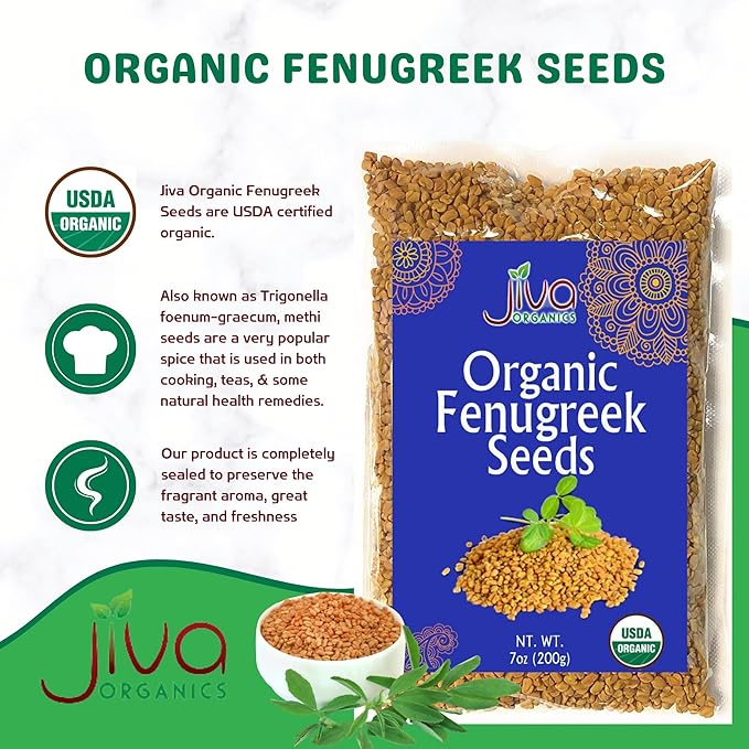 Jiva Organic Fenugreek Seeds 7 Ounce – Non-GMO, Gluten Free, All Natural Fenugreek Spice – Organic Fenugreek Seeds for Hair Growth, Cooking & Sprouting - Methi Seeds for Methi Dana Water - Raw & Natural, Product of India