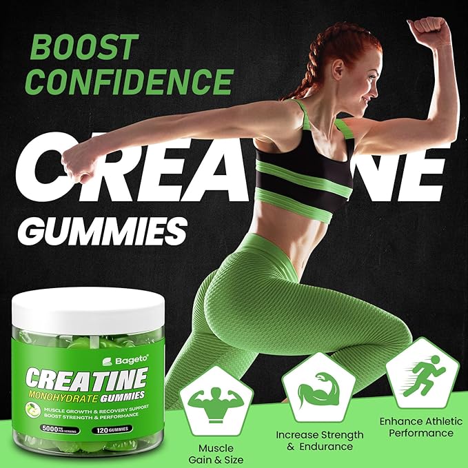Creatine Monohydrate Gummies 5g for Men Women,Sugar Free Chewables Creatine Pre-Workout for Muscle Strength, Sour Green Apple, 120 Count