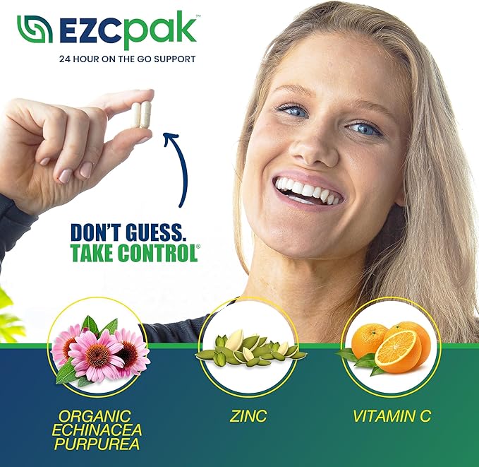 EZC Pak On The Go Immune System Booster with Echinacea, Vitamin C, Zinc, Immune Support Supplement, Immunity Vitamins for Adults, Travel-Friendly Packaging, Vegetarian, Gluten-Free - Pack of 6