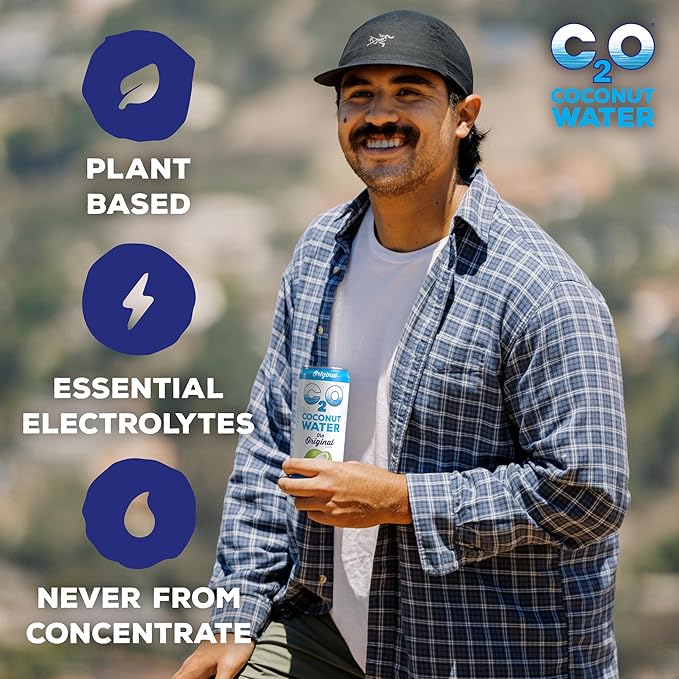 C2O - Coconut Water, The Original Flavor (24 Pack, 3 Boxes of 8) - Made with Fresh Coconut Water - Plant Based, Non GMO Canned Water - Natural Hydration, Electrolytes & Potassium - 24 Cans, 10.5 FL OZ