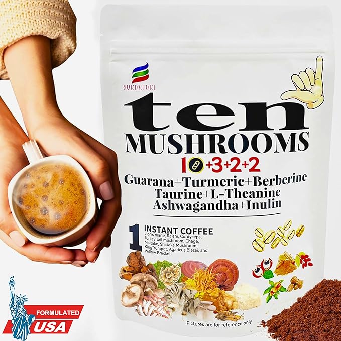 17-in-1 Mushroom Coffee with Guarana, Turmeric, Berberine, Taurine, L-Theanine, Ashwagandha & Inulin for Focus, Energy, Immunity, Stress Relief & Digestive Health-10 Mushroom Instant Coffee (60 Srvs)