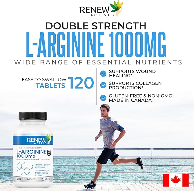 Renew Actives L-Arginine Supplement 1000MG for Serving - Strength & Endurance, Essential for Protein Synthesis & Muscle Function, Physical Performance Booster - Made in Canada - 120 Tablets