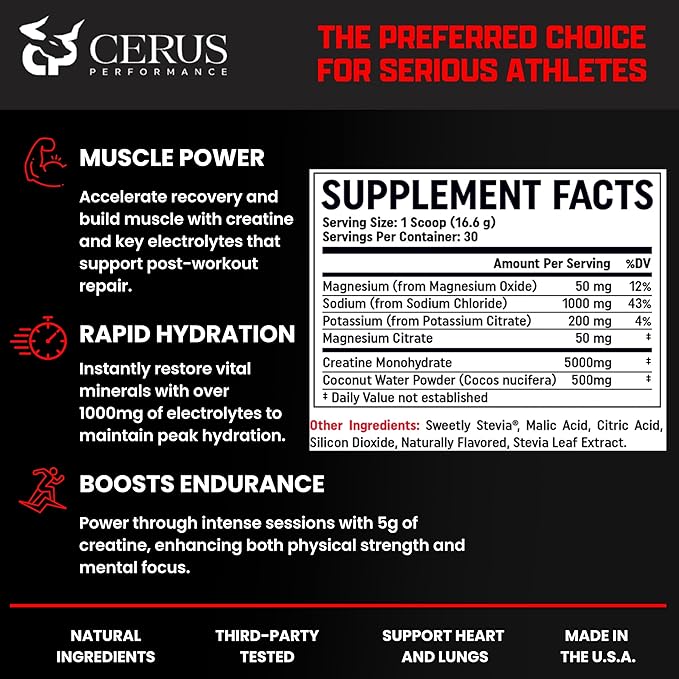 Cerus Performance - Performance Hydration Electrolyte Powder – Watermelon Flavor, 5g Creatine Monohydrate, 500mg Coconut Water Powder – Supports Endurance, Muscle Recovery & Keto 30 Servings