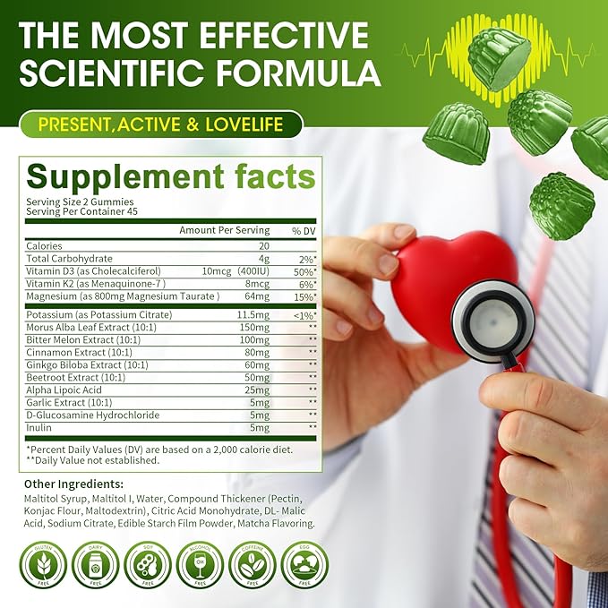 Magnesium Taurate Gummies, 13-in-1 Complex - Beetroot, Alpha Lipoic Acid, Cinnamon, Heart Support, Good Sleep, Sugar Free, High Absorption Magnesium Supplement, Matcha Flavor, 90 Gummies
