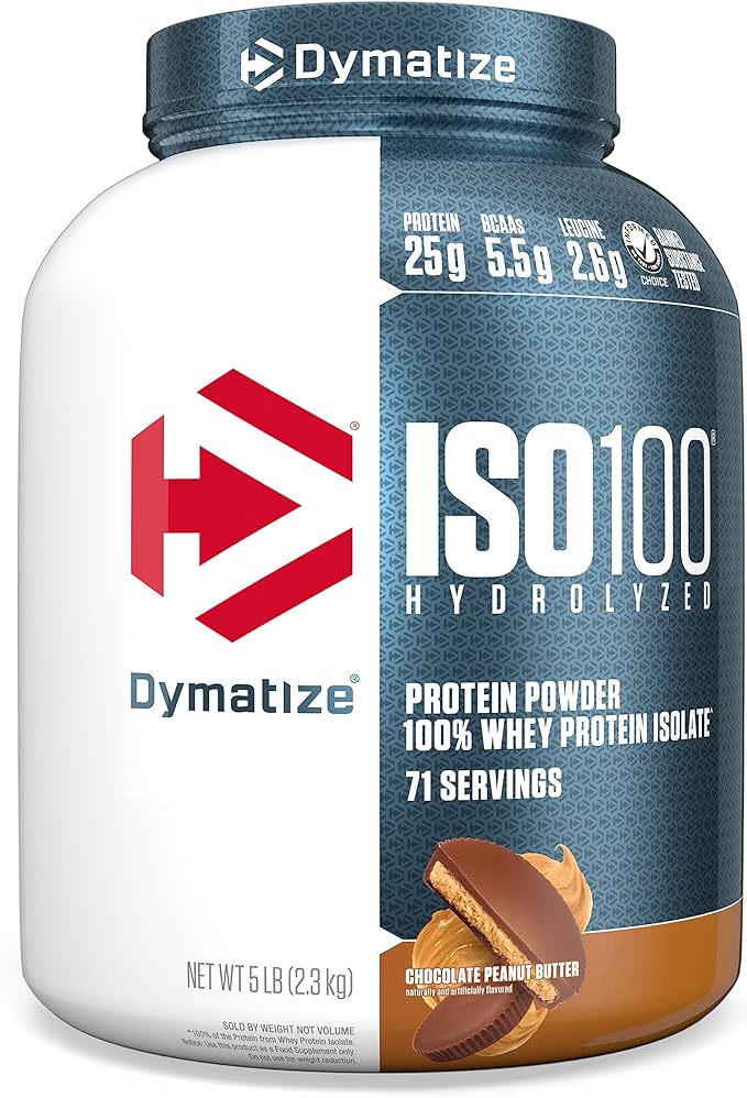 Dymatize ISO100 Whey Protein Powder Isolate, Chocolate Peanut Butter, 25g of Protein, 5 Pound, 5.5g BCAAs, Less Than 120 Cal., Gluten Free, 1g Fat, 1g Sugar, 2g Carb