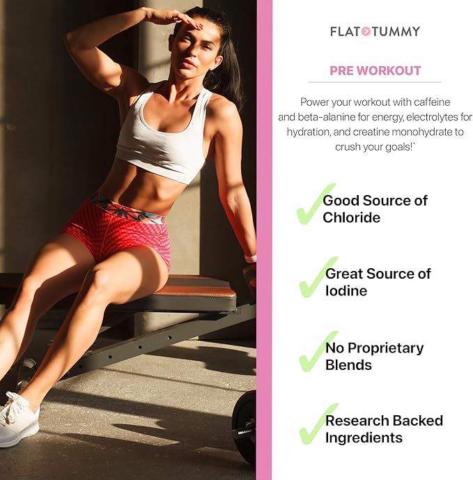 Flat Tummy Pre Workout Powder for Women – Energy, Endurance, and Muscle Support with 3g Creatine, 1.6g Beta-Alanine, Electrolytes – Watermelon Flavor – 30 Servings