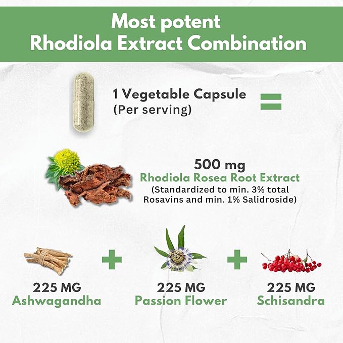Rhodiola Rosea Supplement High Potency Extract 500mg - 3% Rosavins 1% Salidrosides with Ashwagandha Shisandra Passion Flower Herb Powder Capsules - Natural Way to Relieve Stress - Pills for Energy