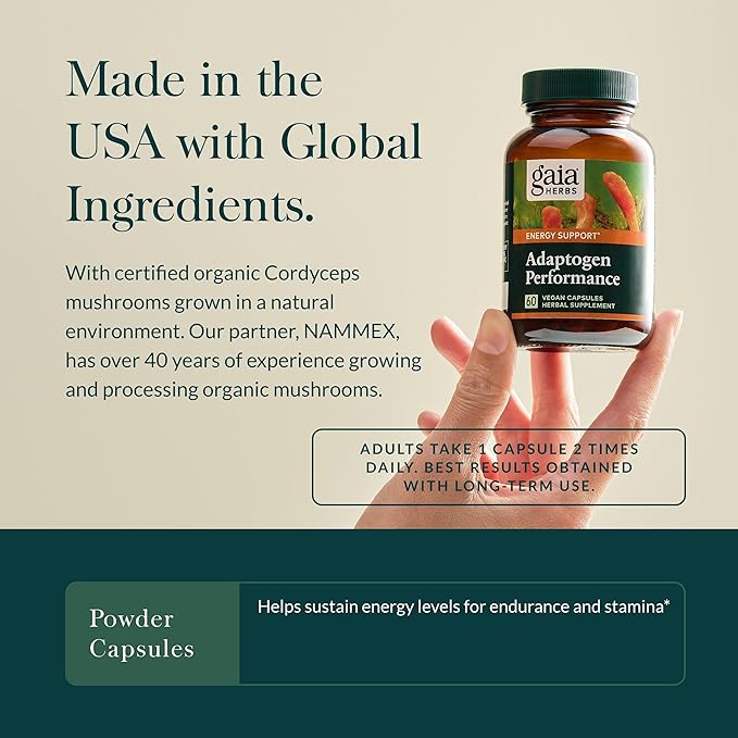 Gaia Herbs Adaptogen Performance Mushrooms & Herbs - Energy Support Supplement to Help Sustain Endurance and Stamina* - Contains Cordyceps and Ashwagandha - 60 Organic Vegan Capsules (30-Day Supply)