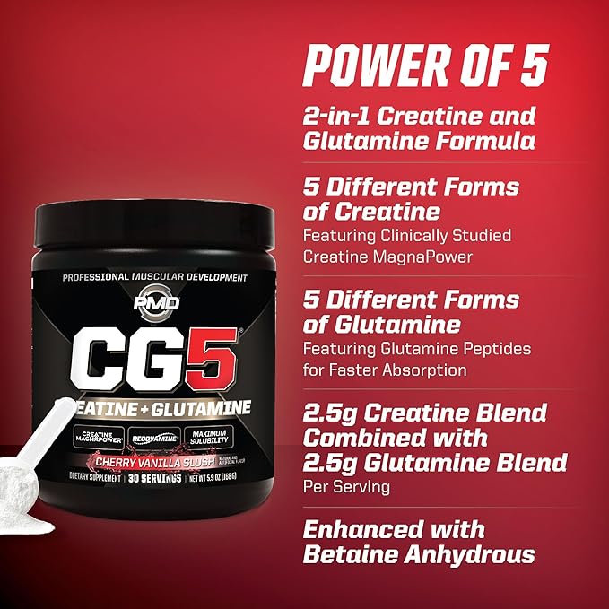 PMD Sports CG5 - Premium Creatine and L Glutamine Powder - Maximum Strength Power Recovery, Build Lean Muscle, Increase Performance - Pre-Workout and Post Workout - Cherry Vanilla Slush (30 Servings)