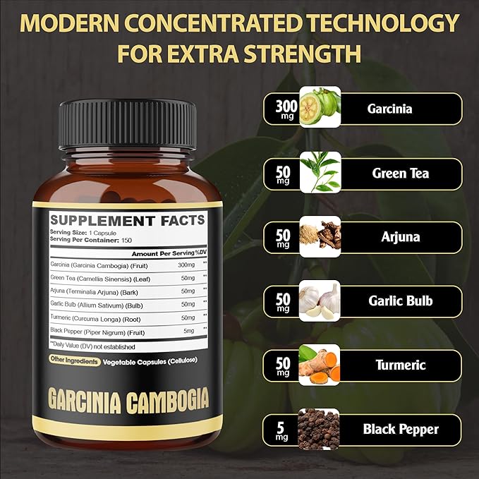 Premium Garcinia Cambogia Capsules with Green Tea, Arjuna, Garlic, Turmeric, Black Pepper - Body Health & Immune Support Supplement - 1 Pack 150 Caps for 5 Months