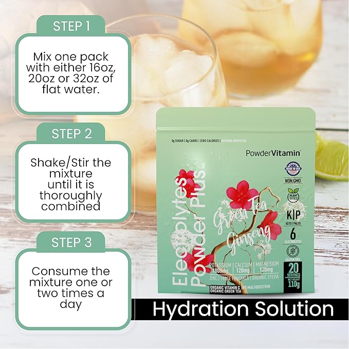 Electrolytes Powder Plus (20 Servings) Green Tea Ginseng Electrolyte Powder Keto, Sugar Free, Pink Himalayan Salt,1000mg Potassium,120mg Calcium,120mg Magnesium, Hydration Powder
