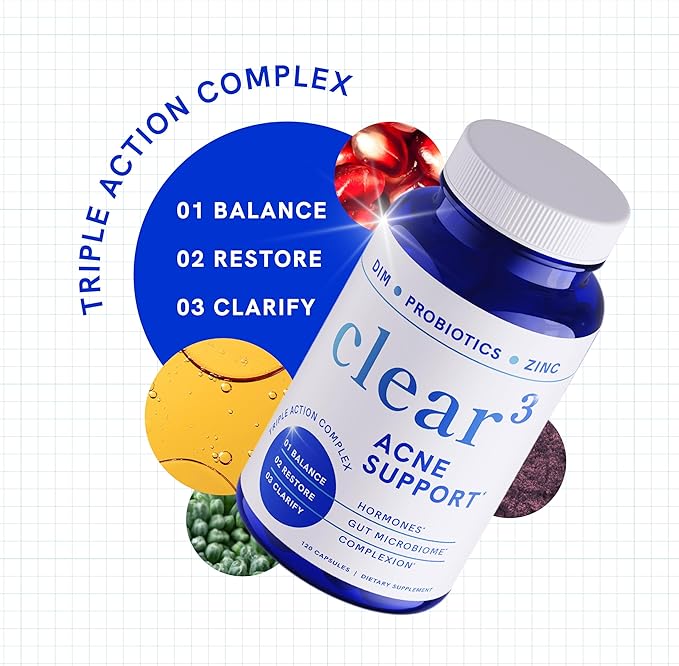 Clear Skin Acne Supplement with Zinc, DIM & Probiotics | 3-in-1 Balance, Clarify, Restore Support with Hyaluronic Acid & Skin Support Vitamins | for Women & Men | Oral Hormonal Acne Pills | 120 Ct