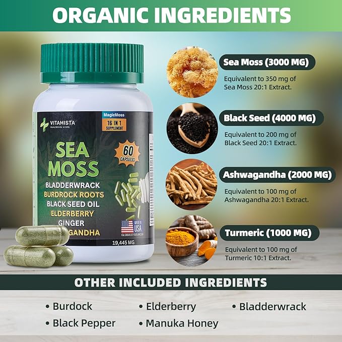 Sea Moss Capsules โ 16-in-1 Sea Moss Supplement with Bladderwrack, Burdock Root, Black Seed Oil, Ashwagandha โ Immune Support & Energy Booster โ 60 Vegan Capsules (19445mg)