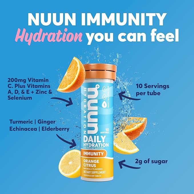Nuun Immunity Electrolyte Tablets with Vitamin D, C, E, & A, Ginger, Elderberry, Magnesium & 4 Other Essential Electrolytes, Vegan, Orange Citrus, 8 Pack (80 Servings Total)