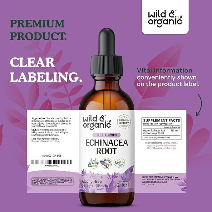 Wild & Organic Echinacea Tincture - Immune Support Drops with Liquid Echinacea Root Extract - Angustifolia Supplements - Vegan, Sugar & Alcohol-Free - 2 fl oz