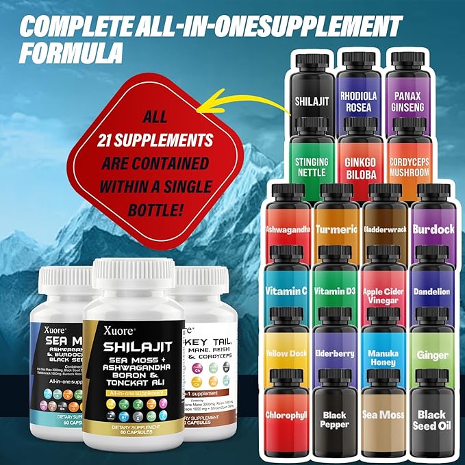 Sea Moss, Black Seed Oil, Ashwagandha, Ginger & Shilajit, Rhodiola Rosea, Panax Ginseng,Lions Mane, Turkey Tail, Reishi, Cordyceps, Chaga All in 1 Supplements (1 Pack)