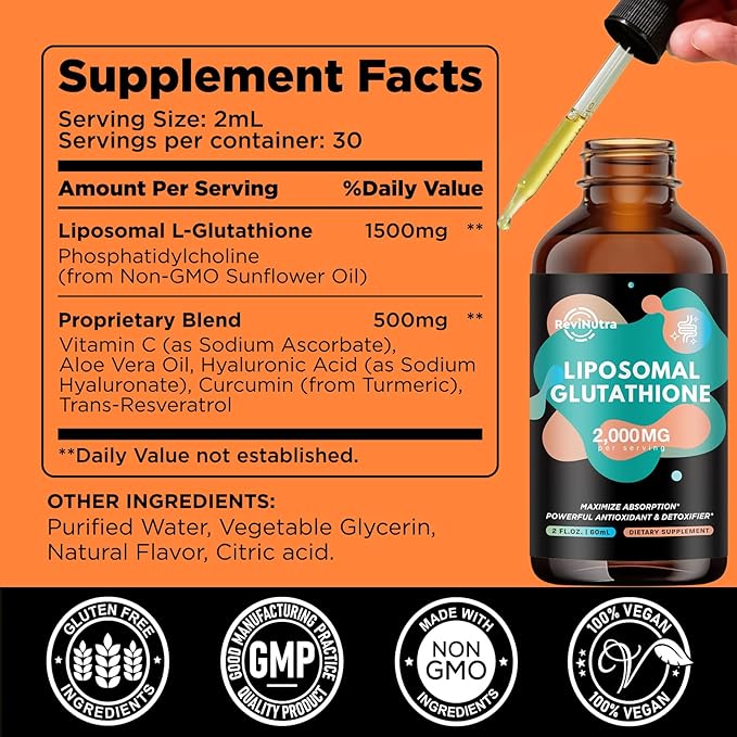 Liposomal Glutathione Supplement - 2000mg Glutathione Liquid Drops with Vitamin C, Curcumin & Trans-Resveratrol - Powerful Antioxidant for Immune, Skin Health, Aging Defense & Liver Detox - 2 Fl Oz