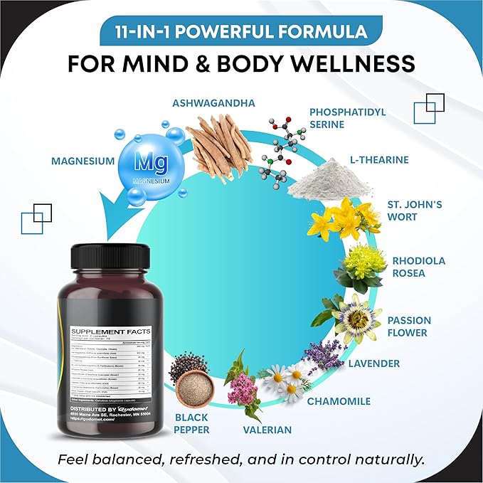 CORTISOL Wellness Magnesium Ashwagandha L-Theanine Phosphatidylserine Rhodiola Rosea Passionflower Lavender Chamomile -150 Capsules- Made in USA