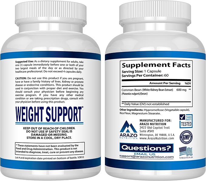 Arazo Nutrition White Kidney Bean Extract - 100% Pure Carb Blocker and Fat Absorber for Weight Support - Intercept Carbs