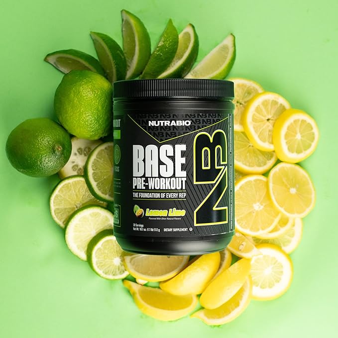 NutraBio Base Pre-Workout Powder 200mg Caffiene, Sustained Energy, Focus, Endurance, Pump, Sugar Free, Clean Preworkout for Men and Women - Beta Alanine, L-Tyrosine, 30 Servings - Lemon Lime