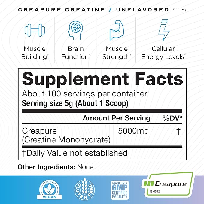 Muscle Feast Creapure Creatine Monohydrate Powder, Vegan Keto Friendly Gluten-Free Easy to Mix, Mass Gainer, Muscle Recovery Supplement and Best Creatine for Muscle Growth, Unflavored, 500g