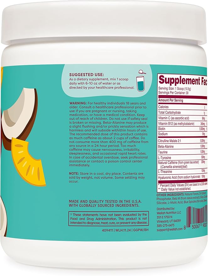 Wellah Get-Going Pre-Workout Drink Mix (Blue Hawaii Flavored, 30 Servings)