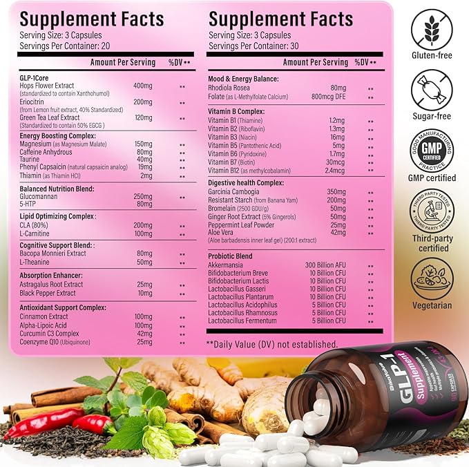 GLP-1 Alternative Supplement, Natural Extracts with Hops, Green Tea Extract, Garcinia Cambogia, Multivitamins, Probiotics, for Gut, GLP-1 Activate & Overall Health - 040