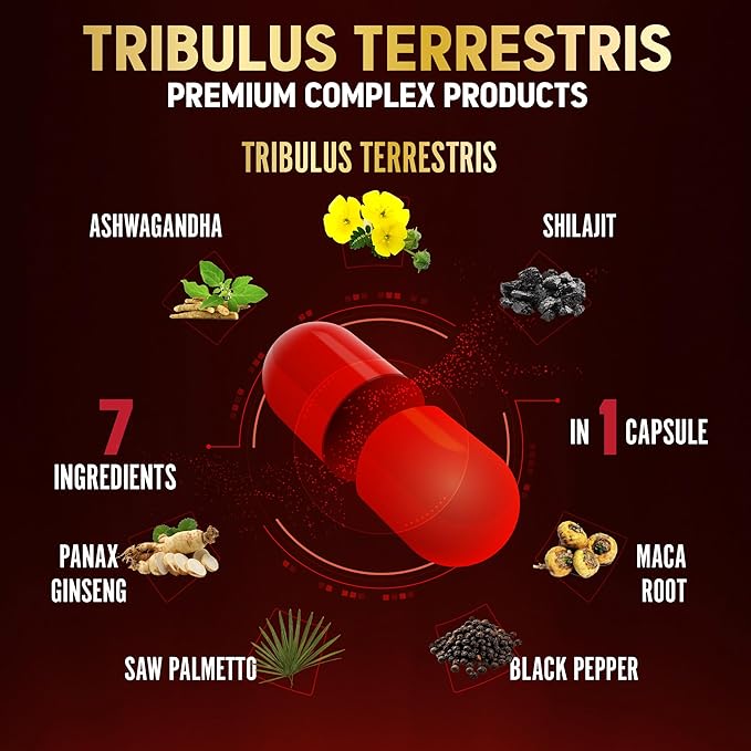 Tribulus Terrestris Capsules with Ashwagndha, Panax Ginseng, Saw Palmetto, Maca, Shilajit - 90 Capsules - 3 Months Supply