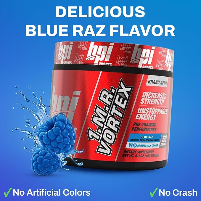 BPI Sports 1.M.R Vortex Pre Workout Powder – High Stim Preworkout for Men & Women with Glycerol, Caffeine, Niacin, and Herbal Extracts – Energy, Focus & Endurance – Blue Raz Flavor – 50 Servings