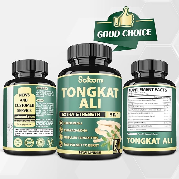 Satoomi 9in1 Tongkat Ali Root Extract 200:1 - Ashwagandha, Tribulus Terrestris - 150 Capsules for 5 Months - Support Strength, Energy & Healthy Immune
