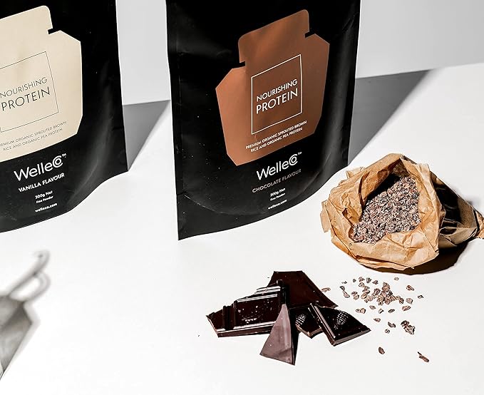 WelleCo Vegan Protein Powder, Gluten Free Premium Organic Sprouted Brown Rice & Pea Protein Blend, 6g Carbs & Dairy Free, for Energy, Muscle Recovery, 16g Protein Per Serving, Chocolate, 35.2oz Pouch