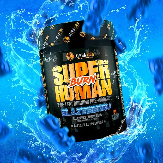 ALPHA LION Superhuman Burn – 2 in 1 Metabolism Booster Pre Workout and Thermogenic Fat Burner for Men – Appetite Suppressant and Weight Loss Supplement (21 Servings, Blue Gummy Bear Flavor)