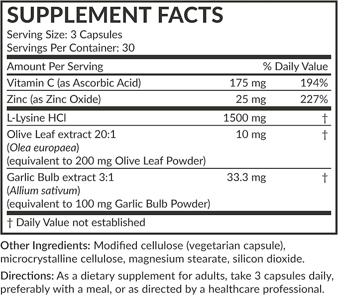 Futurebiotics L-Lysine Defense Immune Support Complex 1500 MG Per Serving with Vitamin C, Zinc, Olive Leaf & Garlic - Non-GMO, 90 Vegetarian Capsules