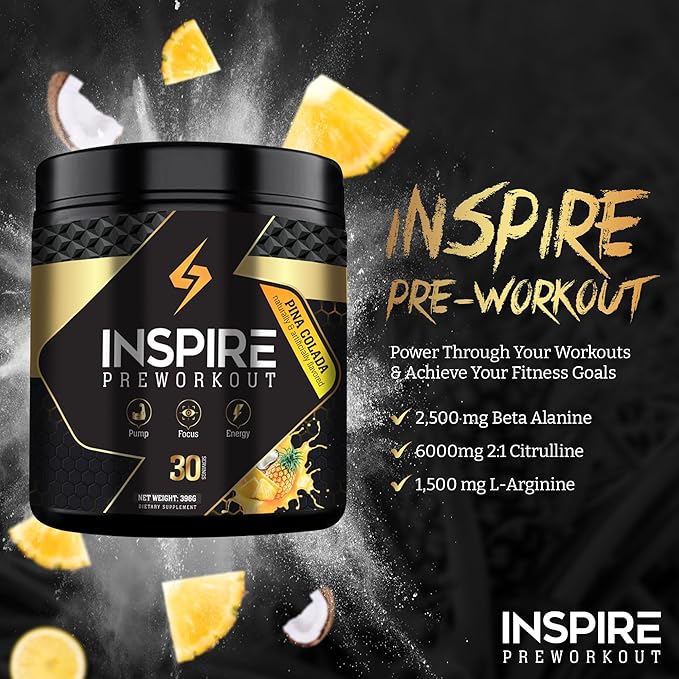 Inspire Pre Workout for Men & Women – 6g Citrulline Malate 2:1, L-Arginine, Beta Alanine, Clean Energy, Endurance Support, & Focus Formula for Pump – 30 Servings, Pina Colada Flavor