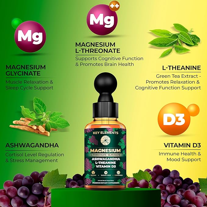Liquid Magnesium L-Threonate with Magnesium Glycinate for Sleep | Ashwagandha with L Theanine and Vitamin D3 Magnesium Supplement | Ashwagandha and Magnesium with L-Theanine