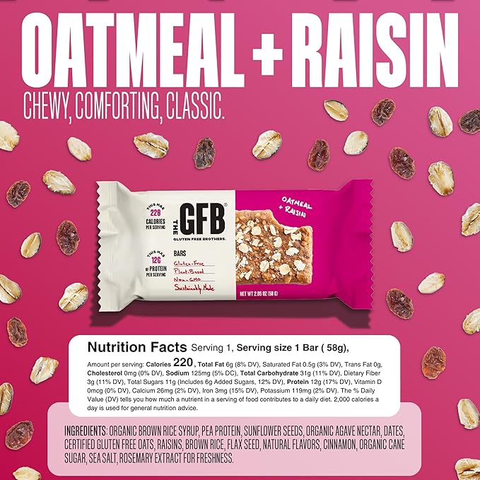 The GFB Oatmeal Raisin Protein Bars - Gluten Free, Plant Based, Non GMO, Sustainably Made – Ridiculously Tasty, Healthy, Vegan, Nutrition Snack Protein Bars, 2.05 oz (12 Count)