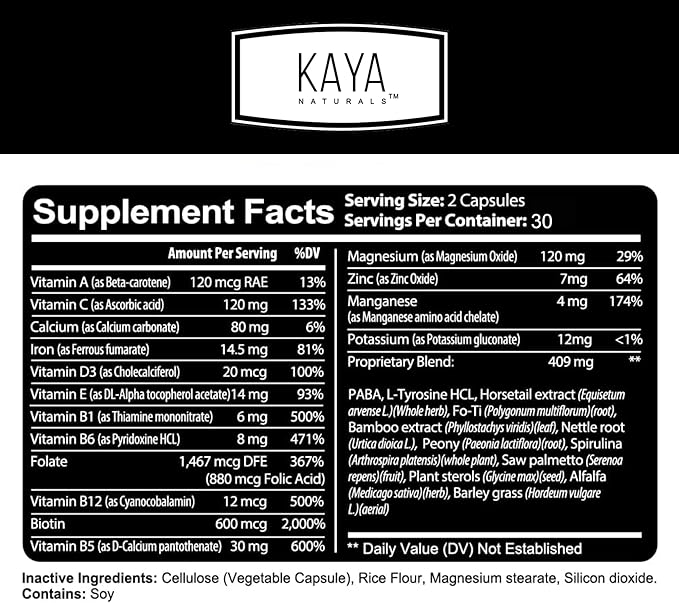 Kaya Naturals Hair Skin Nail Capsules BIOTIN Vitamin D Vitamin B-12 A Folic Acid Support, Hair Support Vitamin Supplement