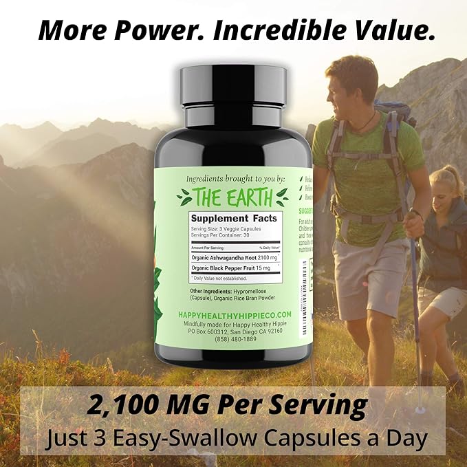 Organic Ashwagandha Capsules 2100mg – Stress Relief Supplement – Extra Strength, 100% Herbal, Energy, Mood & Cortisol Manager, Includes Black Pepper for High Absorption – Non-GMO, 90 Ct