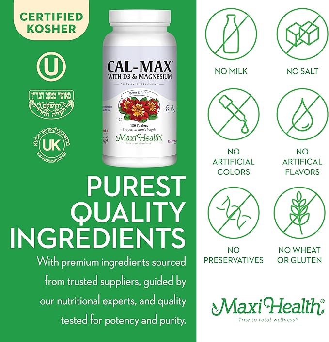 Maxi Health Calcium Magnesium Supplement with Vitamin D3 and Boron - Kosher Bone Health & Nighttime Formula, Calcium Citrate CalMag & Vitamin D (180 Tablets)
